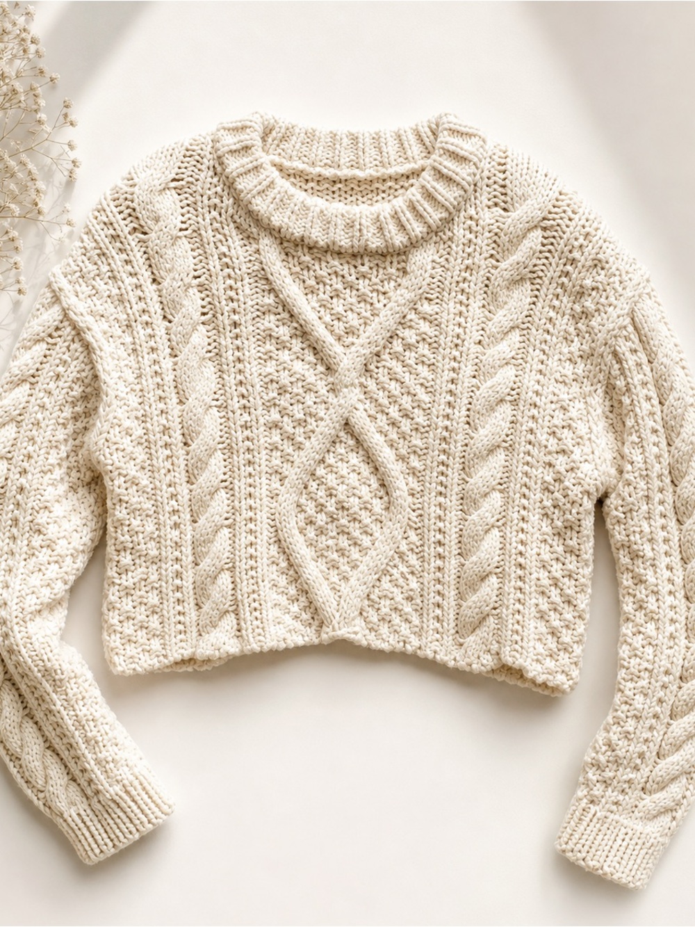 Free People Cream Cable-Knit Cropped Crewneck Sweater Slightly fitted S